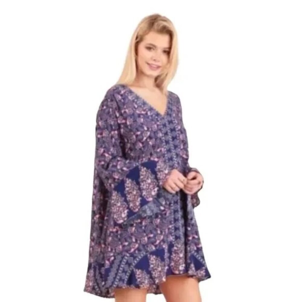 NWT UMGEE WOMEN'S NAVY/CORAL MIX BOHO CHIC OPEN BACK PAISLEY TUNIC DRESS SMALL